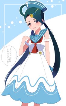 Rule 34 | 1girl, acerola (pokemon), acerola (pokemon) (cosplay), acerola (summer 2024) (pokemon), ahoge, armlet, blush, bright pupils, brown eyes, buttons, commentary request, cosplay, dress, earrings, green hair, hair ornament, hairclip, hand up, hat, jewelry, long hair, nintendo, open mouth, pokemon, pokemon masters ex, pokemon sv, rika (pokemon), riki (inushima ), sailor collar, sailor dress, sleeveless, sleeveless dress, smile, solo, speech bubble, translation request, twintails, white dress, white pupils