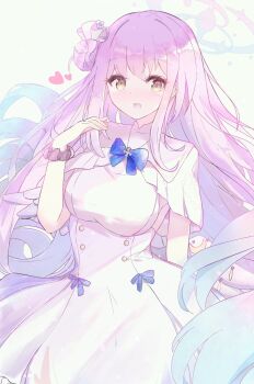 1girl angel_wings aqua_hair arm_behind_back blue_archive blue_bow blush bow breasts buttons capelet commentary_request double-breasted dress feathered_wings flower gradient_hair hair_bun hair_flower hair_ornament halo highres long_hair looking_at_viewer low_wings medium_breasts mika_(blue_archive) multicolored_hair open_mouth pink_hair pink_halo scrunchie single_hair_bun single_side_bun solo torabera very_long_hair white_capelet white_dress white_wings wings wrist_scrunchie yellow_eyes