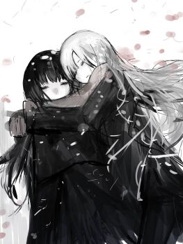 Rule 34 | 2girls, absurdres, black dress, black hair, black jacket, brown gloves, brown scarf, chuhaibane, closed eyes, dress, gloves, highres, hug, jacket, long hair, lying, mittens, multiple girls, on back, on side, original, parted lips, scarf, very long hair, white hair