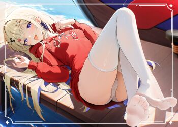 1girl absurdres amanogawa_shiina bench blonde_hair blush boat bow commentary_request hair_bow hair_ornament highres long_hair long_sleeves looking_at_viewer lying no_shoes ocean on_back open_mouth original outdoors panties phase_connect purple_eyes radoremo red_eyes sidelocks smile soles thighhighs thighs toes tongue tongue_out underwear virtual_youtuber watercraft white_panties white_thighhighs