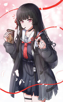1girl black_choker black_hair black_jacket black_shirt black_skirt breasts bright_pupils chisa_(wuthering_waves) choker commentary cowboy_shot fingernails food food_in_mouth hayumi_(hayumi03) highres holding holding_food holding_pocky jacket long_hair long_sleeves looking_at_viewer medium_breasts mole mole_under_eye neckerchief notice_lines pocky pocky_in_mouth red_eyes red_neckerchief sailor_collar shirt skirt solo string string_of_fate thigh_strap white_pupils white_sailor_collar wuthering_waves