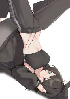 1girl bang_dream! bang_dream!_it&#039;s_mygo!!!!! black_hair black_hat black_jacket black_pants black_sports_bra blue_eyes blush breasts commentary hat highres jacket kebohan large_breasts long_hair looking_at_viewer medium_hair pants simple_background solo sports_bra upside-down watermark watermark_grid white_background yahata_umiri