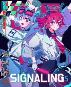 Rule 34 | 0916psy, 2girls, :d, absurdres, ahoge, aqua hair, aqua outline, arm up, back-to-back, belt, black-framed eyewear, black border, black pants, black shirt, blue background, blue belt, blue eyes, blue hair, blue shorts, blush, boots, border, breasts, chromatic aberration, closed mouth, coat, collared shirt, colored inner hair, commentary request, contrast collar, copyright name, cowboy shot, double-parted bangs, drill hair, english text, fang, gloves, goggles, goggles on head, hair between eyes, hair flaps, hair ornament, hand on own hip, hand up, hatsune miku, high-waist shorts, highres, holding, jacket, jigen tsuushin (vocaloid), kasane teto, knee boots, lapels, long hair, long sleeves, looking at viewer, looking back, mixed-language text, multicolored hair, multiple girls, necktie, open clothes, open jacket, open mouth, outline, outside border, outstretched arm, pants, pink-tinted eyewear, pink background, pink boots, pink eyes, pink hair, pink necktie, rectangular eyewear, shirt, short hair, shorts, sidelocks, simple background, skin fang, small breasts, smile, standing, standing on one leg, synthesizer v, tinted eyewear, traffic baton, translation request, transmission tower, turtleneck, turtleneck shirt, twin drills, twintails, two-tone hair, utau, v-shaped eyebrows, very long hair, vocaloid, white belt, white coat, white gloves, white shirt, wide hips