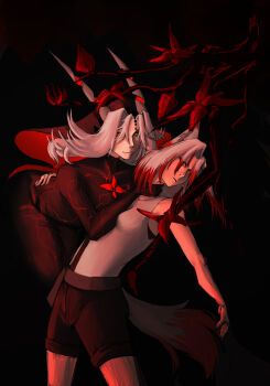 Rule 34 | 2girls, absurdres, akari kadze, animal ears, black background, black bodysuit, bodysuit, flower, hair flower, hair ornament, highres, horns, incredibly absurdres, long hair, multicolored hair, multiple girls, original, red eyes, red flower, red hair, shorts, smile, tail, two-tone hair, white hair, yellow eyes