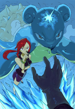 1boy 1girl absurdres black_shirt bokoboko_a bracelet closed_mouth commentary_request gen_1_pokemon glasses gloves hand_up highres ice jewelry lapras long_hair looking_up lorelei_(pokemon) nintendo pokemon pokemon_(creature) pokemon_frlg ponytail purple_skirt red_eyes red_hair shirt shoes side_slit skirt sleeveless sleeveless_shirt split_mouth standing