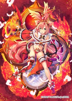 1girl boots copyright_notice detached_sleeves feathered_wings feathers green_eyes hair_ornament head_wings holding holding_weapon long_hair magic_circle mayusaki_yuu navel official_art open_mouth panties pink_hair pink_wings red_panties red_shoes revealing_clothes shoes solo tawil_(wixoss) thigh_boots thigh_strap two_side_up underwear weapon white_feathers wings wixoss