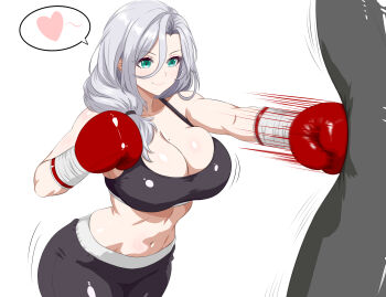Rule 34 | 1girl, absurdres, black shorts, black sports bra, boxing, boxing gloves, breasts, cleavage, closed mouth, green eyes, hair tie, heart, highres, kasana, large breasts, lips, looking ahead, looking at viewer, medium hair, mole, mole on breast, mole under eye, motion lines, navel, original, punching, punching bag, shorts, simple background, smile, solo, spoken heart, sports bra, stomach, white background, white hair