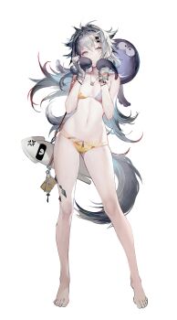 1girl absurdres alternate_costume animal_ears arknights bare_arms bare_legs bare_shoulders barefoot bikini bracelet breasts charm_(object) chinese_commentary cleavage collarbone commentary_request fingerless_gloves full_body gloves grey_eyes grey_gloves grey_hair groin hair_between_eyes hair_ornament hairclip hands_up highres jewelry lappland_(arknights) liduke linea_alba long_hair looking_at_viewer material_growth navel necklace octopus oripathy_lesion_(arknights) scar scar_across_eye scar_on_face simple_background small_breasts solo squid stomach swimsuit tail tentacles third-party_source toes white_background wolf_ears wolf_girl wolf_tail