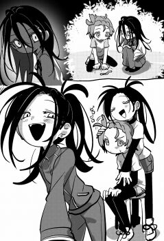 2girls fangs highres kamisaki_hikaru medalist_(manga) monochrome multiple_girls nzeneee sitting standing worm yuitsuka_inori