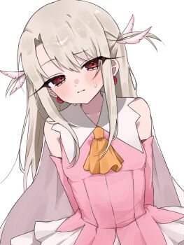 1girl bare_shoulders blush breasts cape commentary_request dress elbow_gloves fate/kaleid_liner_prisma_illya fate_(series) feather_hair_ornament feathers gloves hair_ornament highres illyasviel_von_einzbern koneko_185 layered_gloves long_hair looking_at_viewer magical_girl pink_dress pink_gloves prisma_illya simple_background sleeveless small_breasts solo white_background white_cape white_hair