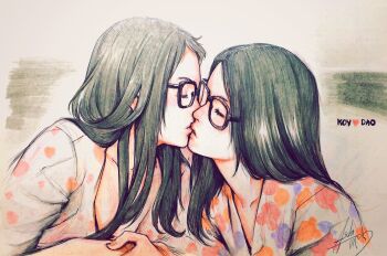 Rule 34 | 2girls, black-framed eyewear, black hair, character name, collarbone, commentary, couple, dao (hormones), english commentary, fingernails, forehead, glasses, hair rings, heart, highres, holding hands, hormones (series), kiss, koi (hormones), lips, long hair, long sleeves, multiple girls, parted lips, patipat asavasena, polka dot, polka dot shirt, shirt, short sleeves, sidelocks, signature, thick eyebrows, traditional media, upper body, white shirt, yuri