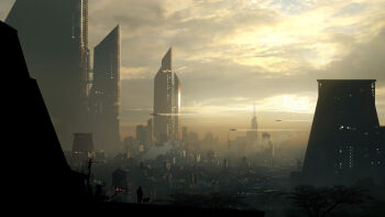 building bush city cityscape cloud cloudy_sky commentary english_commentary light_rays original outdoors painterly raphael-lacoste scenery science_fiction sky smoke smokestack spacecraft sunlight tower wind_turbine windmill