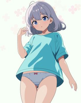 1girl :o ahoge aqua_shirt arm_at_side blue_eyes bow bow_panties center-flap_bangs collarbone commentary_request cowboy_shot crotch_seam fingernails floral_background from_below grey_hair grey_panties hand_up highres loli looking_at_viewer looking_down medium_hair nail_polish no_pants original panties parted_lips pink_nails shirt short_sleeves solo standing t-shirt take_zenni_chikuzenni underwear white_background