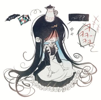 Rule 34 | 1boy, apron, black dress, black hair, blood, blood on face, commentary request, deformed, dress, highres, homicipher, korean commentary, korean text, long hair, maid apron, male focus, mr. crawling, rubik's cube, simple background, sweeeet him, teapot, translation request, very long hair, white background