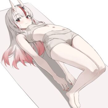 1girl :3 absurdres bare_legs barefoot blush breasts closed_mouth commentary dot_nose english_commentary full_body gradient_hair grey_shorts grey_sports_bra hair_between_horns highres hololive horns long_hair looking_at_viewer looking_to_the_side multicolored_hair nail_polish nakiri_ayame navel oni red_eyes red_hair red_nails red_streaks scarlet_(wv0102) shadow short_shorts shorts sidelocks sideways_glance simple_background skin-covered_horns small_breasts smile solo sports_bra stomach streaked_hair virtual_youtuber white_background white_hair yoga yoga_mat