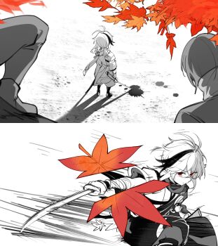 Rule 34 | 3boys, bandaged arm, bandages, blood, blood splatter, closed mouth, commentary request, genshin impact, greyscale, highres, hiruru, japanese clothes, kaedehara kazuha, katana, leaf, long sleeves, male focus, maple leaf, monochrome, multicolored hair, multiple boys, shadow, shawl, slashing, spot color, streaked hair, sword, weapon