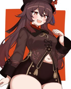 1girl black_hat black_shorts border breasts brown_coat brown_hair coat commentary cowboy_shot genshin_impact guimao1689761 hat highres hu_tao_(genshin_impact) long_hair long_sleeves navel open_mouth outside_border red_background red_eyes short_shorts shorts small_breasts smile solo star-shaped_pupils star_(symbol) symbol-shaped_pupils teeth untranslatable_commentary upper_teeth_only white_border