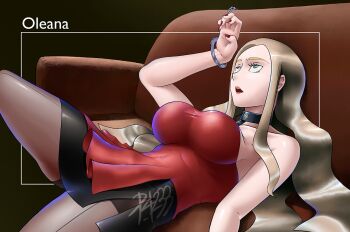 1girl blonde_hair breasts cuffs female_focus green_eyes handcuffed handcuffs long_hair nail_polish nintendo oleana_(pokemon) p_4233 pantyhose pokemon pokemon_swsh solo