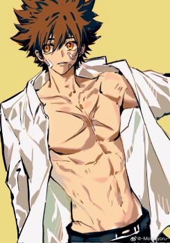 1boy bandaid bandaid_on_cheek bandaid_on_face black_pants brown_eyes brown_hair collarbone collared_shirt commentary_request corrupted_twitter_file cross_scar gauze gauze_on_cheek hair_between_eyes highres katekyo_hitman_reborn! male_focus momoyoru1 navel open_clothes open_shirt pants parted_lips pectorals sawada_tsunayoshi scar scar_on_chest shirt solo teeth toned toned_male watermark weibo_watermark white_shirt