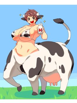 1girl animal_ears animal_print blush breasts brown_eyes brown_hair centaur cleavage cow_girl cow_print female_focus highres horns huge_breasts kukeiha_(squarewave29) looking_at_viewer monster_girl plump short_hair smile solo taur udder