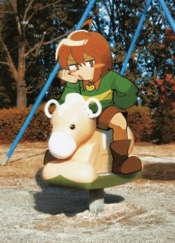 1other ahoge androgynous blush_stickers boots brown_boots brown_eyes brown_hair brown_shorts chara_(undertale) collared_shirt commentary copyright_name day double-parted_bangs english_commentary green_sweater hair_between_eyes hand_on_own_cheek hand_on_own_face highres long_sleeves looking_at_viewer open_mouth outdoors photo_background playground shio_tou shirt shirt_under_sweater short_hair shorts sitting solo sweater undertale utdr_(toby_fox)