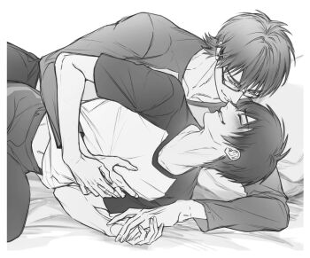 2boys ace_of_diamond adam&#039;s_apple border closed_eyes collarbone commentary_request facing_another glasses greyscale grin looking_at_another lying male_focus midriff_peek miyuki_kazuya monochrome multiple_boys navel on_bed on_side pants rectangular_eyewear renorenoko sawamura_eijun semi-rimless_eyewear short_hair simple_background smile white_background white_border yaoi