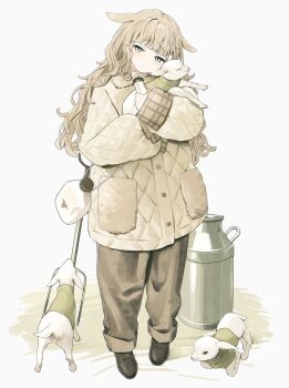 1girl animal baby_bottle black_shoes blonde_hair blunt_bangs bottle brown_pants canteen coat commentary freckles full_body hair_ears highres holding holding_animal holding_bottle holding_pacifier holding_sheep kettle long_hair looking_at_viewer original pacifier pants pitchfork prong sheep shoes simple_background solo standing symbol-only_commentary takaya_riku thermos white_background white_coat