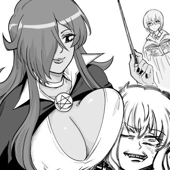 3girls absurdres angry bb_(baalbuddy) book breast_press breasts cleavage clenched_teeth cloak covered_erect_nipples furious glasses greyscale hair_over_one_eye highres holding holding_book holding_wand kirche_augusta_frederica_von_anhalt_zerbst large_breasts lips long_hair louise_francoise_le_blanc_de_la_valliere monochrome multiple_girls nail_polish one_eye_closed pentagram reading short_hair tabitha_(zero_no_tsukaima) teeth veins wand zero_no_tsukaima