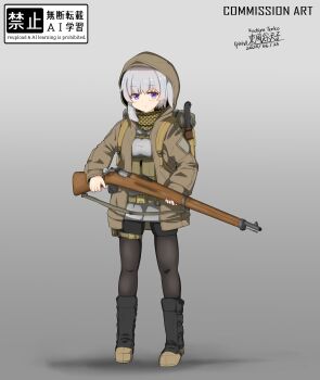 1girl absurdres ammunition_pouch artist_name bandana bandana_around_neck black_leg_warmers black_pantyhose black_shorts blue_eyes blush bolt_action boots breasts brown_boots brown_jacket buckle chinese_commentary commentary_request commission dated full_body grey_background grey_hair grey_shirt gun gun_sling highres holding holding_gun holding_weapon holster hood hooded_jacket jacket kochiya_tenko leg_warmers legs load_bearing_equipment long_sleeves machete medium_breasts one_side_up original pantyhose pouch rifle sheath sheathed shirt shorts simple_background single_sidelock sleeping_bag snap-fit_buckle solo standing tactical_clothes thighs watermark weapon weapon_request