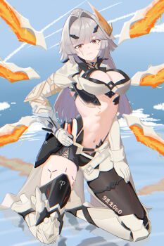Rule 34 | 9 xiansheng 0o0, absurdres, armor, armored boots, blue sky, body markings, boots, breasts, chinese commentary, cleavage, commentary request, erdos helia, erdos helia (planar armament: warped spacetime), gauntlets, grey hair, hair intakes, highres, honkai (series), honkai impact 3rd, navel, orange eyes, sky, stomach