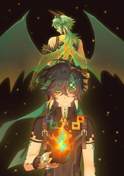 Rule 34 | 2boys, absurdres, ahoge, ajaw (genshin impact), antenna hair, bandaged arm, bandages, black background, black gloves, black hair, black horns, black shirt, blonde hair, body markings, bracelet, braid, chest harness, chinese commentary, closed mouth, commentary request, crossed bangs, dragon boy, dragon horns, dragon wings, earrings, embers, facial mark, fingernails, fire, genshin impact, gloves, green eyes, green gloves, green hair, green headband, green ribbon, hair between eyes, hair ribbon, hand up, harness, headband, highres, horns, jewelry, kinich (genshin impact), liu (erzplubdduik93g), long fingernails, long hair, looking at viewer, looking back, male focus, multicolored eyes, multicolored hair, multiple boys, pointy ears, ribbon, ringed eyes, sharp fingernails, shirt, short sleeves, side braid, single braid, sleeveless, sleeveless shirt, smile, streaked hair, two-tone gloves, upper body, very long fingernails, wings, yellow eyes, zipper, zipper pull tab