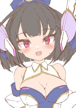 1girl absurdres android black_hair blue_dress blue_hat breasts cleavage collar dress elbow_gloves emil_chronicle_online gloves hat highres kaguya_(eco) large_breasts looking_at_viewer open_mouth red_eyes robot_ears silver-index solo two-tone_dress upper_body white_background white_collar white_dress white_gloves