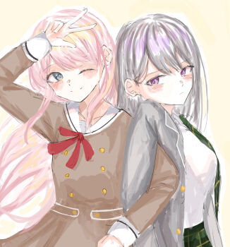 2girls bang_dream! bang_dream!_it&#039;s_mygo!!!!! breasts brown_dress chihaya_anon closed_mouth commentary cosplay costume_switch dress green_necktie grey_eyes grey_hair grey_jacket hanasakigawa_school_uniform haneoka_school_uniform highres jacket latte_bf locked_arms long_hair medium_breasts mole mole_under_eye multiple_girls necktie one_eye_closed purple_eyes red_ribbon ribbon sailor_dress school_uniform shiina_taki shirt w white_shirt