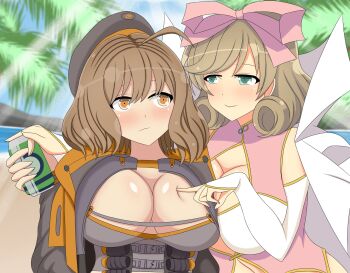 2girls anis_(nikke) blush breasts brown_eyes brown_hair can cleavage coat crimson_scar crossover drink_can elbow_gloves gloves goddess_of_victory:_nikke green_eyes hair_ribbon haruka_(senran_kagura) hat large_breasts long_sleeves medium_hair multiple_girls palm_tree ribbon senran_kagura short_hair soda_can sunlight tree yuri