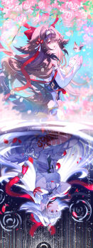 2girls absurdres alternate_form animal_ear_fluff animal_ears arm_up armlet bare_shoulders bird black_hair bracelet breasts brown_hair china_dress chinese_clothes commentary_request dress droopy_ears falling_petals from_side gradient_hair hair_between_eyes hairband highres jewelry leg_tattoo long_hair medium_breasts metal_bracelet multicolored_hair multiple_girls open_mouth petals red_eyes red_hair see-through_horns silver_armlet silver_bracelet sitting smile solo tail tattoo very_long_hair viclim-monou white_hair white_hairband white_tail ye_shunguang zenless_zone_zero