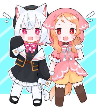 2girls :3 :d animal_ear_fluff animal_ears belt beret black_dress black_hat black_jacket black_shoes blue_background blush_stickers border bow_legwear bright_pupils brown_gloves brown_thighhighs buttons cat_ears cat_girl cat_tail chibi collar colored_inner_hair commentary_request double-breasted dress fang frilled_dress frilled_sleeves frills full_body fur-trimmed_gloves fur_trim gloves hand_up hat highres hood hoodie jacket letterboxed long_sleeves looking_at_viewer medium_hair multicolored_hair multiple_girls neck_ribbon notice_lines open_clothes open_jacket open_mouth orange_hair ouka_miko pantyhose parted_bangs pinafore_dress pink_eyes pink_hair pink_hoodie pink_ribbon puffy_long_sleeves puffy_shorts puffy_sleeves red_eyes ribbon sailor_collar sayo_(voicevox) shirt shoes short_sleeves shorts sidelocks skin_fang sleeve_cuffs sleeveless sleeveless_dress sleeves_past_fingers sleeves_past_wrists smile standing tail tanuzaka thighhighs utau voicevox white_border white_hair white_pantyhose white_pupils white_sailor_collar white_shirt white_tail wolf_girl wolf_tail yellow_shorts