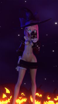 1girl 3d aqua_eyes bare_legs blender_(medium) breasts burryfuzz camera charlotte_(genshin_impact) cleft_of_venus female_focus genshin_impact halloween hat highres holding holding_camera jack-o'-lantern legs medium_breasts night nipples pink_hair pumpkin pussy witch_hat