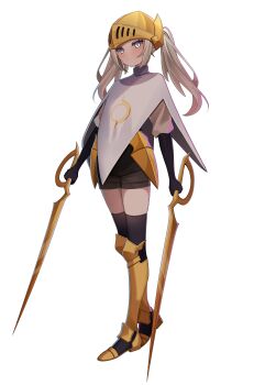 Rule 34 | 1girl, absurdres, armor, armored boots, blonde hair, body armor, boots, commission, commissioner upload, dual wielding, eyelashes, full body, gloves, grey eyes, helmet, highres, holding, holding sword, holding weapon, hollow knight, hollow knight: silksong, humanization, knee armor, knee boots, long hair, long sidelocks, long sleeves, looking at viewer, non-web source, second sentinel (hollow knight), shorts, sidelocks, solo, sword, thighhighs, thighs, transparent background, twintails, visor (armor), wayanfa, weapon