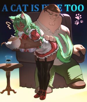 1boy 1girl a_cat_is_fine_too_(meme) absurdres apron batman_symbol bent_over black_thighhighs breasts brown_hair cleavage cleft_chin closed_mouth commentary commission couch dark-skinned_female dark_skin dress english_commentary english_text family_guy fat fat_man glasses green_eyes green_hair green_pants hand_on_another&#039;s_ass highres holding holding_teapot kowai_(iamkowai) large_breasts leaning_forward long_hair maid maid_apron meme on_couch original pants peter_griffin pouring red_dress round_eyewear short_hair sitting spill teapot thighhighs very_short_hair white_apron