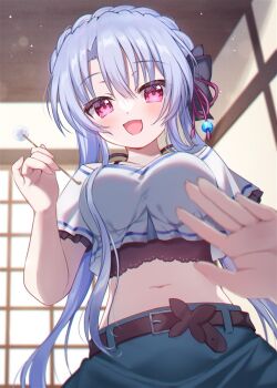 Rule 34 | 1girl, :d, belt, black belt, black bow, blue hair, blue skirt, blurry, blurry background, blush, bow, breasts, butterfly ornament, casual, cowboy shot, cropped shirt, crossed bangs, depth of field, eyes visible through hair, frilled sleeves, frills, from below, hair between eyes, hair bow, hair ribbon, hand up, indoors, large breasts, long hair, looking at viewer, midriff, mimikaki, navel, open hand, open mouth, pinky out, pov, red eyes, red ribbon, ribbon, sakura aki, shirt, short sleeves, skirt, smile, solo, sorakado ao, straight-on, straight hair, summer pockets, third-party source, very long hair, white shirt