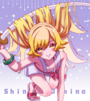 1girl all_fours arm_support blonde_hair bow bracelet breasts character_name dot_nose dress dress_bow flipped_hair footwear_bow full_body gradient_background grin hair_between_eyes hair_flaps hair_flowing_over halterneck hand_up highres holding holding_above_head holding_sword holding_weapon jewelry katana leaning_forward light_blush long_hair looking_at_viewer monogatari_(series) oshino_shinobu purple_background s0ul20 sandals shoes shoulder_blush sleeveless sleeveless_dress small_breasts smile solo star_(symbol) star_symbol_background sundress sword very_long_hair weapon white_background white_dress white_shoes yellow_eyes