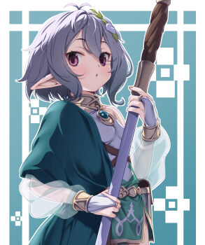 1girl :o absurdres breasts covered_erect_nipples dress elf flower grey_hair hair_flower hair_ornament highres holding holding_staff kokkoro_(princess_connect!) looking_at_viewer pointy_ears princess_connect! purple_eyes short_dress short_hair small_breasts solo staff umyonge_(lkakeu)