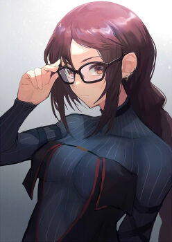 Rule 34 | 1girl, arm strap, black dress, blue dress, braid, braided ponytail, breasts, brown eyes, brown hair, center opening, dress, earrings, fate/grand order, fate (series), glasses, grey dress, highres, jewelry, layered dress, long hair, long sleeves, medium breasts, miyamoto satoru, multiple earrings, ribbed dress, ribbon-trimmed dress, ribbon trim, single braid, solo, very long hair, yu mei-ren (fate), yu mei-ren (first ascension) (fate)