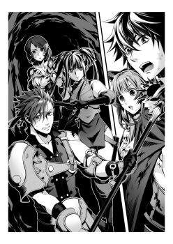 2boys 3girls animal_ears armor border bracelet braid braided_ponytail breastplate bruise bruise_on_face clenched_teeth elbow_gloves glass_(tate_no_yuusha_no_nariagari) gloves greyscale hair_over_shoulder hand_fan highres holding holding_fan holding_scythe injury iwatani_naofumi jewelry l'arc_berg_sickle long_hair minami_seira monochrome multiple_boys multiple_girls novel_illustration official_art open_mouth outside_border pants ponytail raccoon_ears raccoon_girl raphtalia scythe shoulder_armor split_screen sweatdrop swept_bangs tate_no_yuusha_no_nariagari teeth therese_alexanderite twintails white_border
