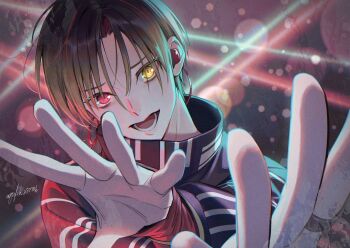 1boy akua black_jacket blonde_hair commentary_request crossed_arms glowing glowing_eyes hair_between_eyes hands_up heterochromia high_collar jacket kannazuki_ai king_of_prism lens_flare long_sleeves looking_at_viewer male_focus open_mouth parted_bangs pretty_rhythm pretty_series red_eyes short_hair solo upper_body yellow_eyes