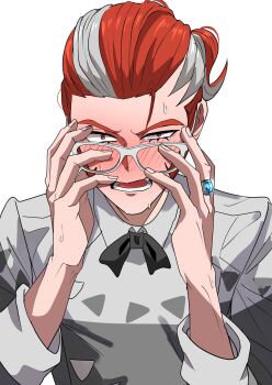 1boy akisame_kanon black_bow black_bowtie blush bow bowtie commentary_request glasses grisham_(pokemon) highres jewelry lower_teeth_only male_focus multicolored_hair nintendo open_mouth pokemon pokemon_legends:_z-a ponytail red_hair ring shirt simple_background sleeve_cuffs solo streaked_hair sweat teeth uneven_eyes upper_body white-framed_eyewear white_background white_hair white_shirt