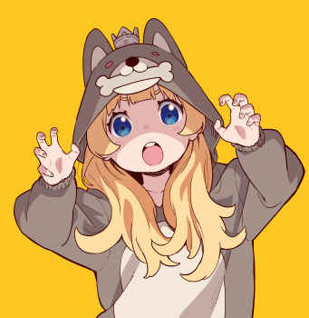 1girl :o absurdres animal_costume blonde_hair blue_eyes bone brown_pajamas claw_pose cosplay crown dog_costume highres hime-sama_"goumon"_no_jikan_desu hime_(himesama_goumon) hirakei kigurumi long_hair long_sleeves mini_crown official_art open_mouth pajamas solo upper_body v-shaped_eyebrows yellow_background