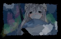Rule 34 | 1girl, abstract background, alternate costume, beanie, black border, blue background, blue eyes, blue scarf, blush, border, closed mouth, coat, commentary request, eila ilmatar juutilainen, expressionless, grey coat, grey hair, half-closed eyes, hat, long hair, looking at viewer, nose blush, osouzai-kun, scarf, shoulder strap, solo, steam, strike witches, upper body, winter clothes, world witches series
