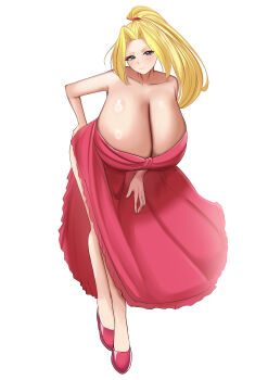 Rule 34 | 1girl, absurdres, alternate breast size (larger), alternate costume, amemiya arikapu, bandai, bare arms, bare legs, bare shoulders, blonde hair, blue eyes, breasts, cleavage, closed mouth, collarbone, commentary request, commission, crisis beat, curtained hair, dress, hair tie, hand on own hip, hand on own thigh, hanging breasts, head tilt, high ponytail, highres, huge breasts, julia jefferson, leaning forward, legs, long legs, low neckline, off-shoulder dress, off shoulder, parted bangs, pixiv commission, ponytail, red dress, red shoes, shiny skin, shoes, side slit, simple background, solo, white background