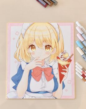1girl apron art_tools_in_frame blonde_hair blue_dress blush border bow bowtie breasts buttons closed_mouth collared_dress commentary_request crepe dot_nose dress flower_symbol food hair_between_eyes hands_up highres holding holding_crepe holding_food looking_at_viewer maid_headdress marker marker_(medium) medium_breasts mugetsu_(touhou) outside_border photo_(medium) picture_frame pink_border puffy_short_sleeves puffy_sleeves red_bow red_bowtie short_hair short_sleeves simple_background solo touhou touhou_(pc-98) traditional_media upper_body white_apron white_background yellow_eyes yurufuwa_milk